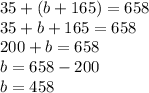 35 + (b + 165) = 658 \\ 35 + b + 165 = 658 \\ 200 + b = 658 \\ b = 658 - 200 \\ b = 458