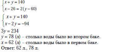 В двух баках было 140 литров воды. Когда из первого бака взяли 26 литров, а из второго 60 литров, то