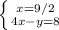 \left \{ {{x = 9/2} \atop {4x-y=8}} \right.