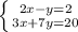 \left \{ {{2x-y=2} \atop {3x+7y=20}} \right.