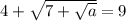 4+\sqrt{7+\sqrt{a} } =9