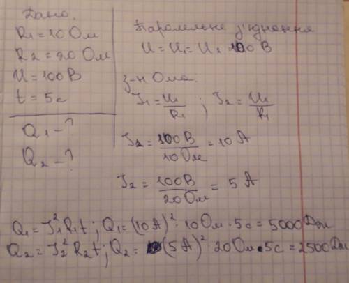 Два провідники опорами 10 і 20 Ом увімкнуті в мережу, що має напругу 100 В. Яка кількість теплоти ви