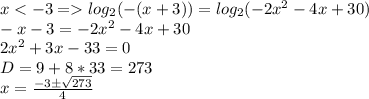 x < -3 = log_2(-(x+3)) = log_2(-2x^2-4x+30)\\-x-3 = -2x^2 - 4x+30\\2x^2 + 3x - 33 = 0\\D = 9 + 8*33 = 273\\x = \frac{-3\pm\sqrt{273}}{4}