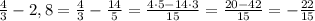 \frac{4}{3} - 2,8 = \frac{4}{3} - \frac{14}{5} = \frac{4\cdot5 - 14\cdot 3}{15} = \frac{20-42}{15} = -\frac{22}{15}