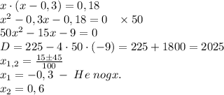 x\cdot(x-0,3)=0,18\\x^2-0,3x-0,18=0\;\;\;\times50\\50x^2-15x-9=0\\D=225-4\cdot50\cdot(-9)=225+1800=2025\\x_{1,2}=\frac{15\pm45}{100}\\x_1=-0,3\;-\;He\;nogx.\\x_2=0,6