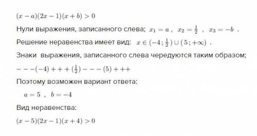 Неравенство (x - a)(2x - 1)(x + b)>0 имеет решение (-4; 0,5)U(5; +бесконечность), найдите a и b