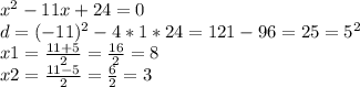 x^2-11x+24=0\\d = (-11)^2-4*1*24=121-96=25=5^2\\x1=\frac{11+5}{2} = \frac{16}{2} = 8\\ x2 = \frac{11-5}{2} = \frac{6}{2} = 3