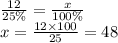 \frac{12}{25\%} = \frac{x}{100\% } \\ x = \frac{12 \times 100}{25} = 48