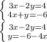 \left \{ {{3x-2y=4} \atop {4x+y=-6}} \right. \\\left \{ {{3x-2y=4} \atop {y=-6-4x}} \right.