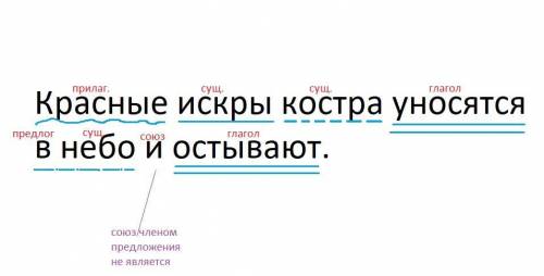 Синтаксический разбор предложения красные искры костра уносятся в небо и остывают​