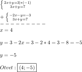 \left \{ {{2x+y=3}|*(-1) \atop {3x+y=7}} \right.\\\\+\left \{ {{-2x-y=-3} \atop {3x+y=7}} \right.\\ ---------\\x=4\\\\y=3-2x=3-2*4=3-8=-5\\\\y=-5\\\\Otvet:\boxed{(4;-5)}