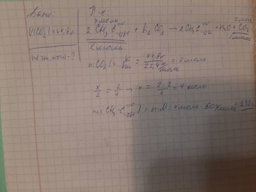 Під час взаємодії етанової кислоти з K2co3 виділився карбон 4 оксид(CO2) об'ємом 44,8 літрів. обчисл