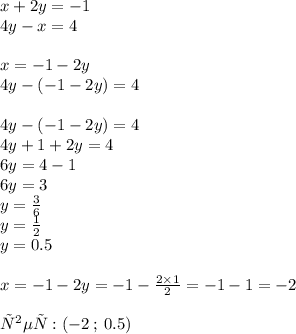 x + 2y = - 1 \\ 4y - x = 4 \\ \\ x = - 1 - 2y \\ 4y - ( - 1 - 2y) = 4 \\ \\ 4y - ( - 1 - 2y) = 4 \\ 4y + 1 + 2y = 4 \\ 6y = 4 - 1 \\ 6y = 3 \\ y = \frac{3}{6} \\ y = \frac{1}{2} \\ y = 0.5 \\ \\ x = - 1 - 2y = - 1 - \frac{2 \times 1}{2} = - 1 - 1 = - 2 \\ \\ ответ:( - 2 \: ; \: 0.5)