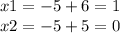 x1 = - 5 + 6 = 1 \\ x2 = - 5 + 5 = 0