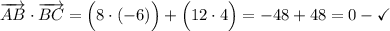 \overrightarrow{AB}\cdot\overrightarrow{BC}=\Big(8\cdot (-6)\Big)+\Big(12\cdot4\Big)=-48+48=0-\checkmark