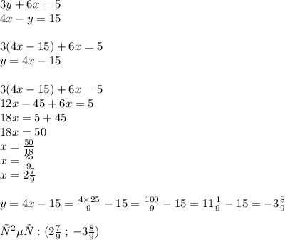 3y + 6x = 5 \\ 4x - y = 15 \\ \\3(4x - 15) + 6x = 5 \\ y = 4x - 15 \\ \\ 3(4x - 15) + 6x = 5 \\ 12x - 45 + 6x = 5 \\ 18x = 5 + 45 \\ 18x = 50 \\ x = \frac{50}{18} \\ x = \frac{25}{9} \\ x = 2 \frac{7}{9} \\ \\ y = 4x - 15 = \frac{4 \times 25}{9} - 15 = \frac{100}{9} - 15 = 11 \frac{1}{9} - 15 = - 3 \frac{8}{9} \\ \\ ответ:(2 \frac{7}{9} \: ; \: - 3 \frac{8}{9} )