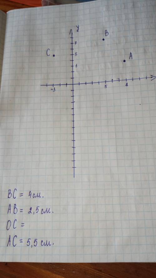 На координатной оси отмечены точки А(8,3), В(5,7), С(- 3,5). Найдите длины отрезков ОС, АВ, ВС, АС.