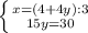 \left \{ {{x=(4+4y):3} \atop {15y=30}} \right.