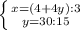 \left \{ {{x=(4+4y):3} \atop {y=30:15}} \right.