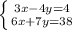 \left \{ {{3x-4y=4} \atop {6x+7y=38}} \right.