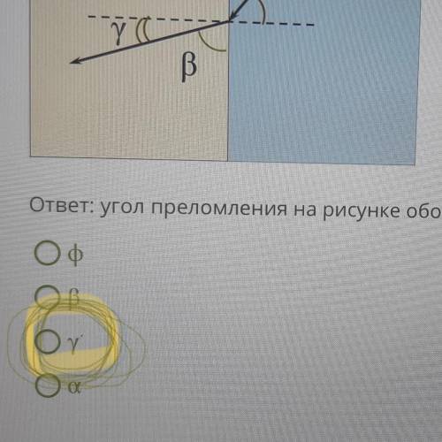 Укажи какой из углов на рисунке является улом преломления