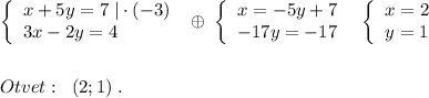 \left\{\begin{array}{l}x+5y=7\; |\cdot (-3)\\3x-2y=4\end{array}\right\; \oplus\; \left\{\begin{array}{l}x=-5y+7\\-17y=-17\end{array}\right\; \; \left\{\begin{array}{ccc}x=2\\y=1\end{array}\right\\\\\\Otvet:\; \; (2;1)\; .