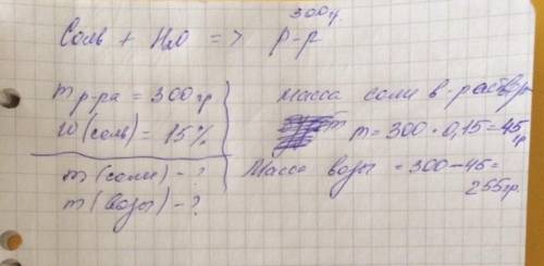 Найдите массы соли и воды, содержащиеся в 300 г раствора с массовой долей соли 15 %.