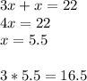 3x+x=22\\4x=22\\x=5.5\\\\3*5.5=16.5