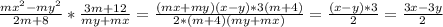 \frac{mx^{2} -my^{2} }{2m+8} *\frac{3m+12}{my+mx}= \frac{(mx+my)(x-y)*3(m+4)}{2*(m+4)(my+mx)}= \frac{(x-y)*3}{2}= \frac{3x-3y}{2}