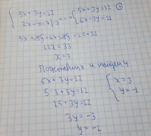 Объясните как сделать эту систему уравнений 5x+3y=12 2x-y=7 Мне нужно конкретное Объяснение, я именн