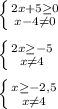 \left \{ {{2 x + 5 \geq 0} \atop {x - 4 \neq 0}} \right. \\\\\left \{ {{2 x \geq -5} \atop {x \neq 4}} \right. \\\\\left \{ {{x \geq -2,5} \atop {x \neq 4}} \right.