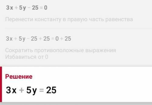 Определи значение y, соответствующее значению x=0 для линейного уравнения 3x+5y−25=0.