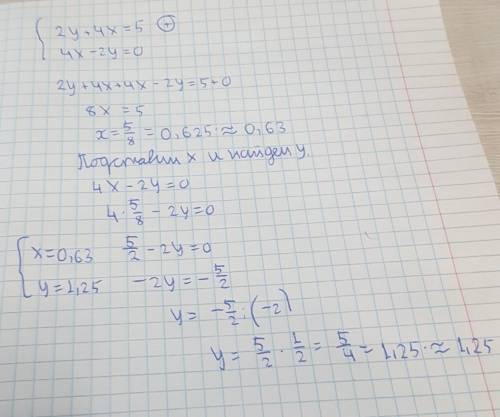 Словие задания. Реши систему уравнений: ( 2y+4x = 5 (4x - 2y = 0 ответ: (При необходимости ответ окр