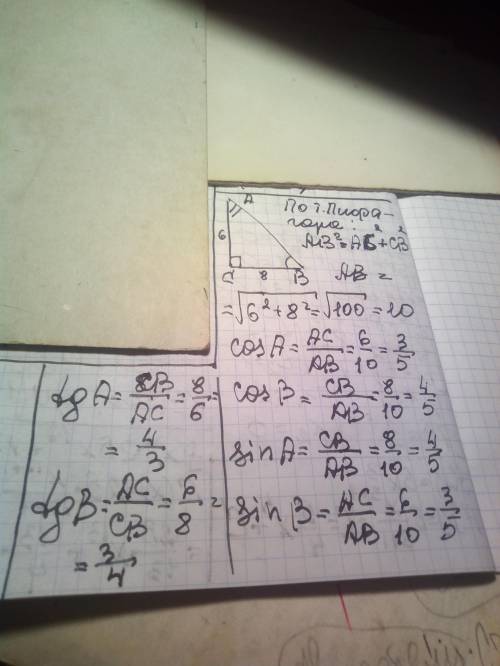 В прямоугольном треугольнике АВС, угол С прямой, катеты равны 6 см и 8 см. Найдите cosА, cosВ, sinА,