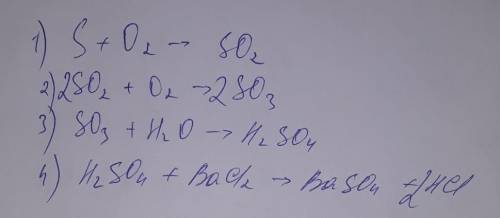 Складіть рівняння реакцій за поданою схемою :S->SO2->SO3->H2SO4->BaSO4