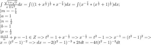 \int \frac{\sqrt{1+\sqrt{x}}}{x\sqrt[4]{x^3} } dx = \int ((1+x^{\frac{1}{2}})^\frac{1}{2}*x^{-\frac{7}{4}})dx = \int (x^{-\frac{7}{4}}*(x^{\frac{1}{2}}+1)^\frac{1}{2})dx; \\|m=-\frac{7}{4}\\| a = 1\\|n = \frac{1}{2}\\ |b = 1\\|p=\frac{1}{2}\\\frac{m+1}{n} + p = -1 \in Z = t^2 = 1 + x^{-\frac{1}{2}} = x^{-\frac{1}{2}} = t^2-1 = x^{-1} = (t^2-1)^2 = x = (t^2-1)^{-2} = dx = -2(t^2-1)^{-3}*2tdt = -4t(t^2-1)^{-3}dt\\