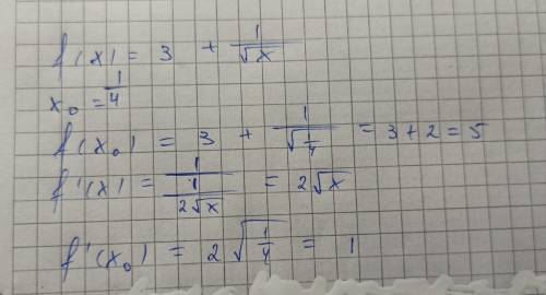 Найдите значение производной функции y = f(x) в точке х0, если f(x)=3+1/√x при x0=1/4