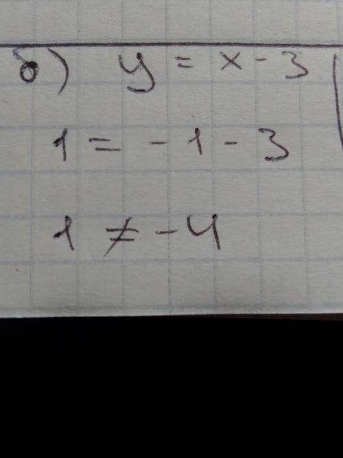 Выберите точку, принадлежащую графику функции y= x - 3. a) A (0; 3); б) B (-1; 1); в) C( 1; -3).