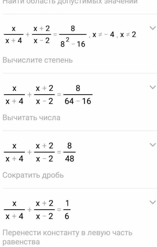 Решите уравнение: х / x+4 + x+2/ x-2 = 8/ x^2- 16 / это дробь