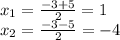 x_{1} =\frac{-3+5}{2} =1\\x_{2} =\frac{-3-5}{2} =-4