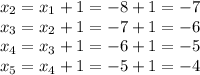x_{2} =x_{1}+1=-8+1=-7\\x_{3} =x_{2} +1=-7+1=-6 \\x_{4} =x_{3} +1=-6+1=-5\\x_{5} =x_{4} +1=-5+1=-4