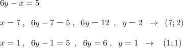 6y-x=5\\\\x=7\; ,\; \; 6y-7=5\; ,\; \; 6y=12\; \; ,\; \; y=2\; \; \to \; \; (7;2)\\\\x=1\; ,\; \; 6y-1=5\; \; ,\; \; 6y=6\; ,\; \; y=1\; \; \to \; \; \; (1;1)