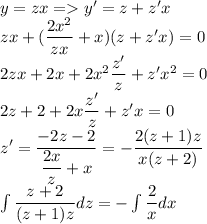 y=zx=y'=z+z'x\\ zx+(\dfrac{2x^2}{zx}+x)(z+z'x)=0\\ 2zx+2x+2x^2\dfrac{z'}{z}+z'x^2 =0\\ 2z+2+2x\dfrac{z'}{z}+z'x=0\\ z'=\dfrac{-2z-2}{\dfrac{2x}{z}+x}=-\dfrac{2(z+1)z}{x(z+2)}\\ \int\dfrac{z+2}{(z+1)z}dz=-\int\dfrac{2}{x}dx\\