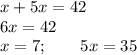 x+5x=42\\6x=42\\x=7; \qquad 5x=35