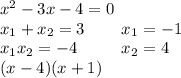 {x}^{2} - 3x - 4 =0 \\ x_{1} + x_{2} = 3 \: \: \: \: \: \: \: \: \: \: x_{1} = - 1 \\ x_{1}x_{2} = - 4 \: \: \: \: \: \: \: \: \: \: \: \: x_{2} = 4 \\ (x - 4)(x + 1)