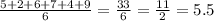 \frac{5 + 2 + 6 + 7 + 4 + 9}{6} = \frac{33}{6} = \frac{11}{2} = 5.5