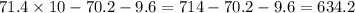 71.4 \times 10 - 70.2 - 9.6 = 714 - 70.2 - 9.6 = 634.2