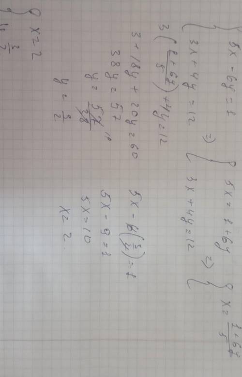 Розвязати систему підстановки {5×-6y=1 {3×+4y=12