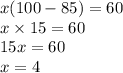 x(100 - 85) = 60 \\ x \times 15 = 60 \\ 15x = 60 \\ x = 4