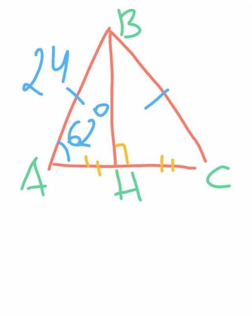 Знайти вистоу равнобедренного трикутника, якщо сторона 24см, а кут при основе 62градуса